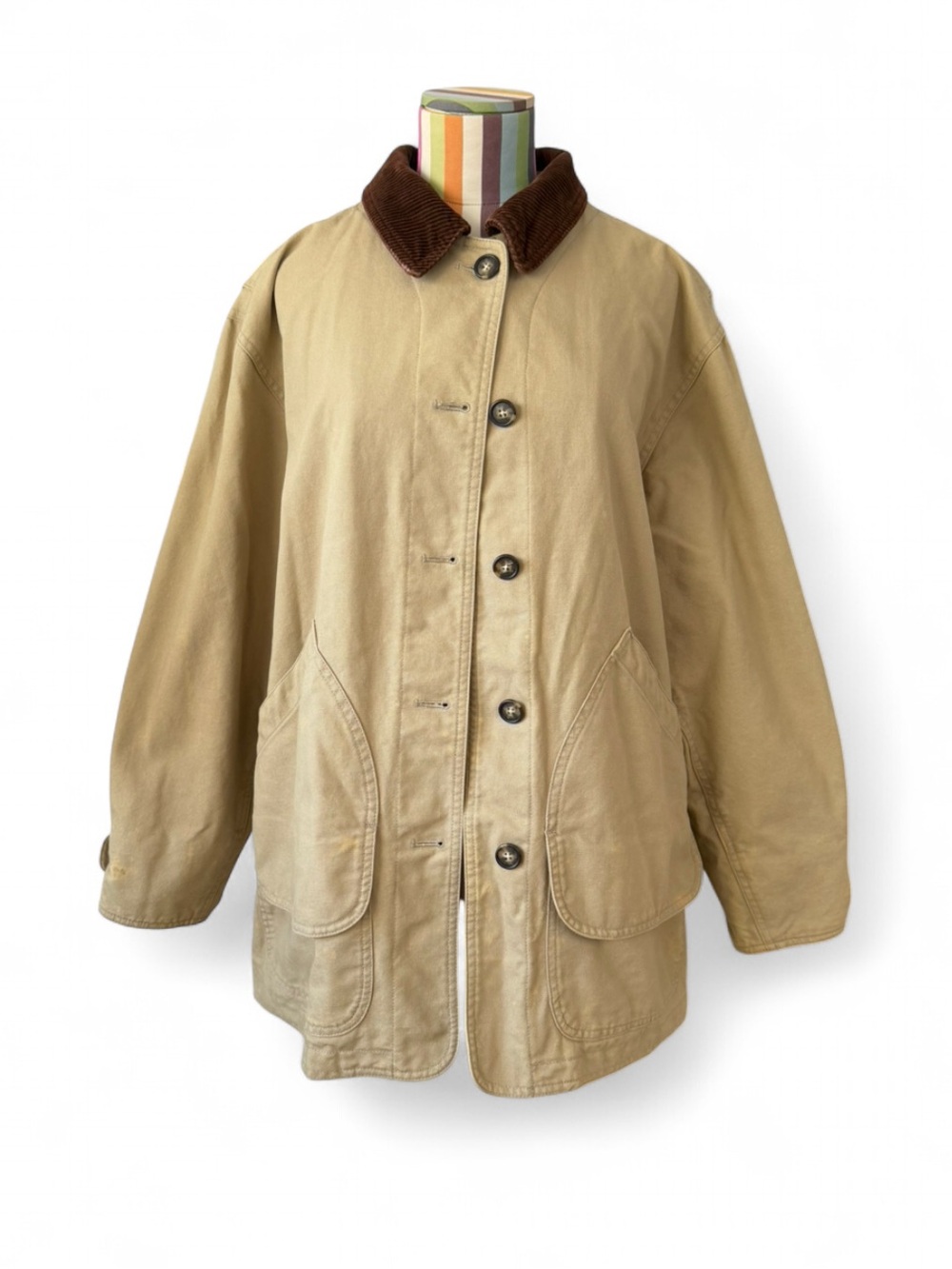 Vintage Lands End Chore Coat Contrast Corduroy Collar Plaid Lining Jacket